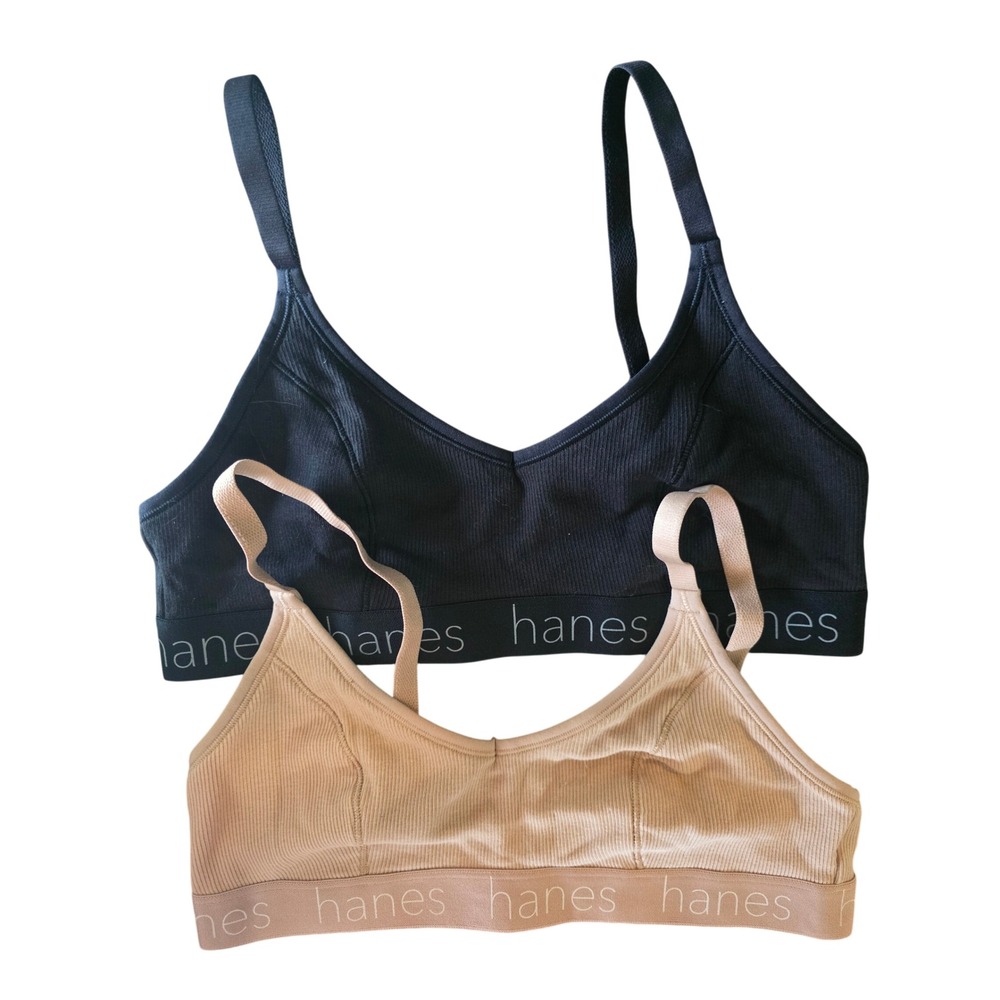 Hanes Lot Of 2 Ribbed Cotton Bralettes Black Tan Wireless Logo Band Size Medium